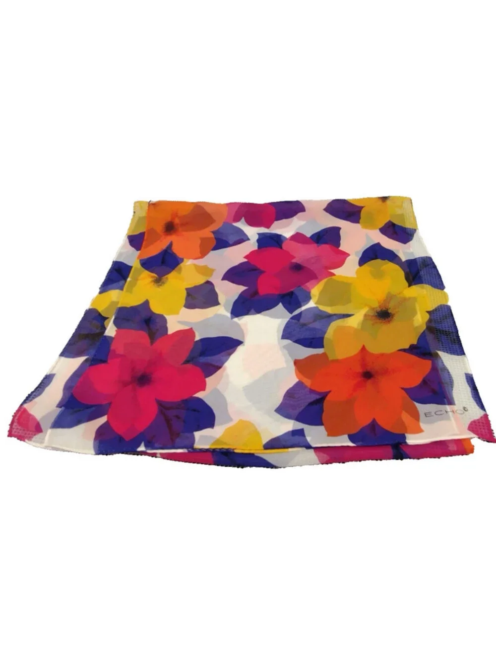 Vintage Echo Chiffon Silk Long Scarf Orange Hawaiian Flowers Tropical Multicolor